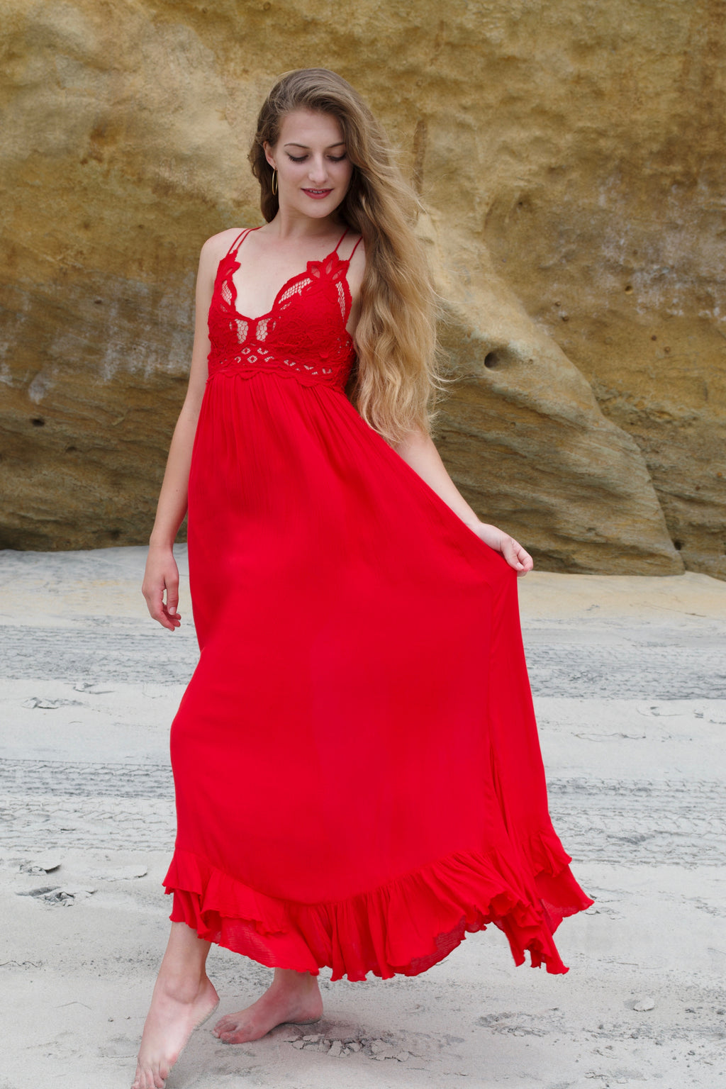 Free People Bright Red Adella Maxi Dress