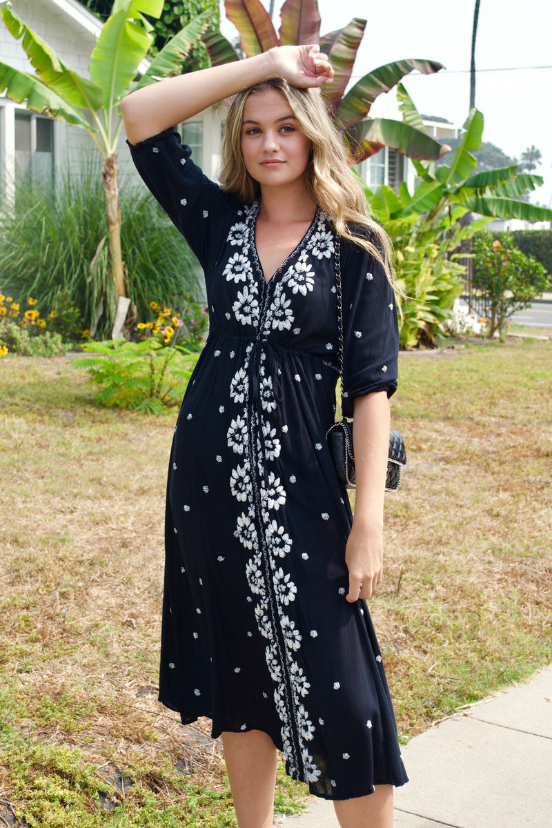 Free People Black Embroidered Mini Fable Dress